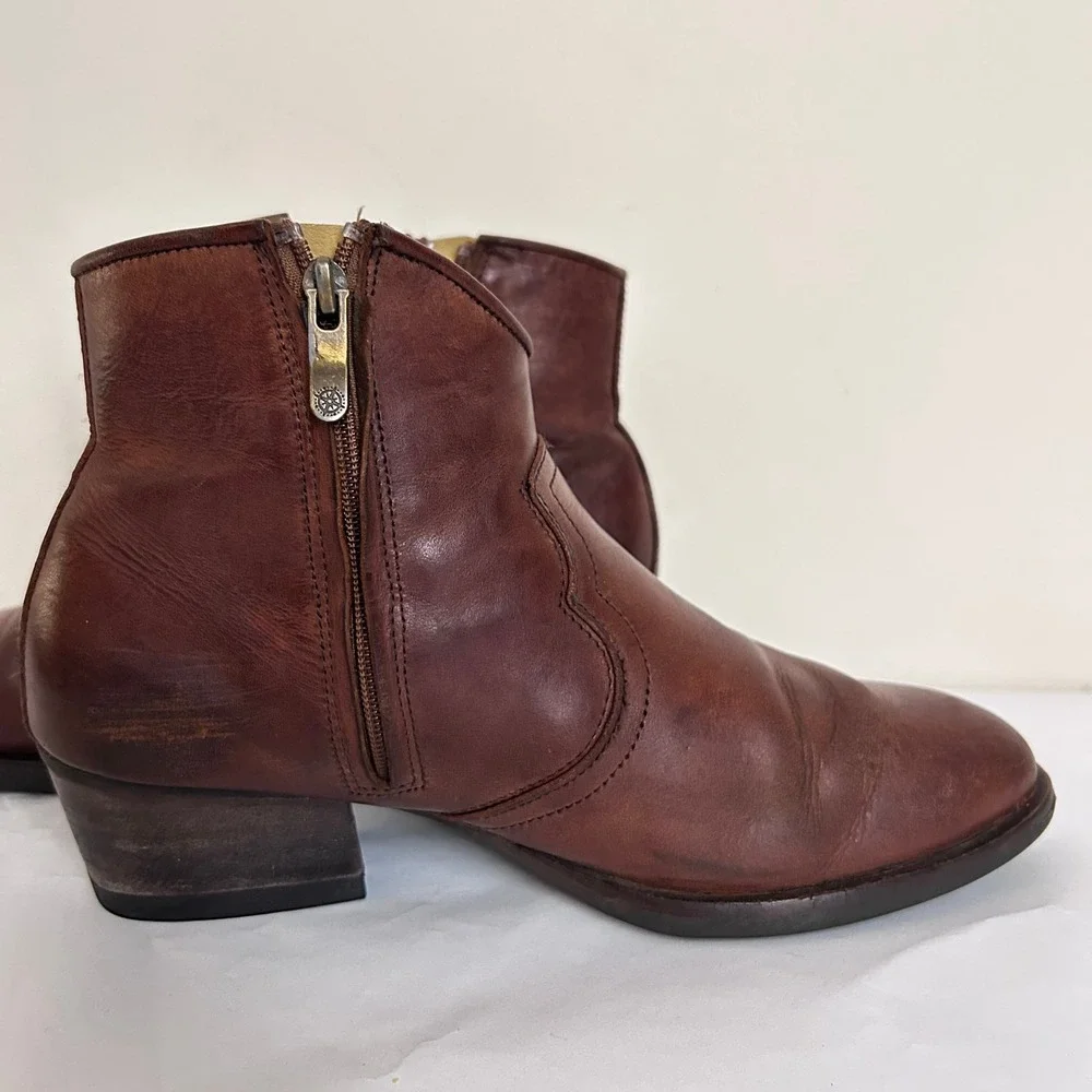 BUSSOLA Brown Leather Ankle Boots Western‎ Style Side Zip Block Heel 38